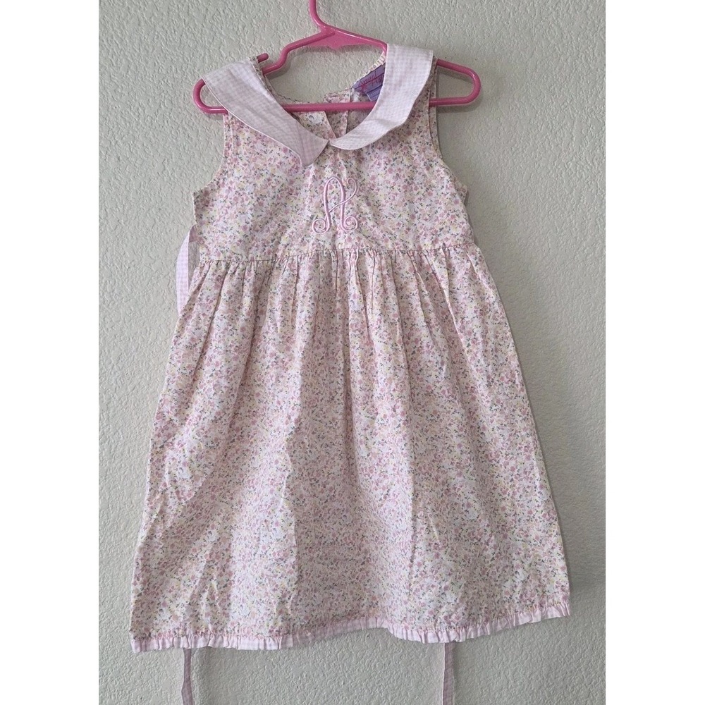 Vtg Monogrammed A Toddler Girl 4T Pink Gingham Floral Dress w/ Peter Pan Collar